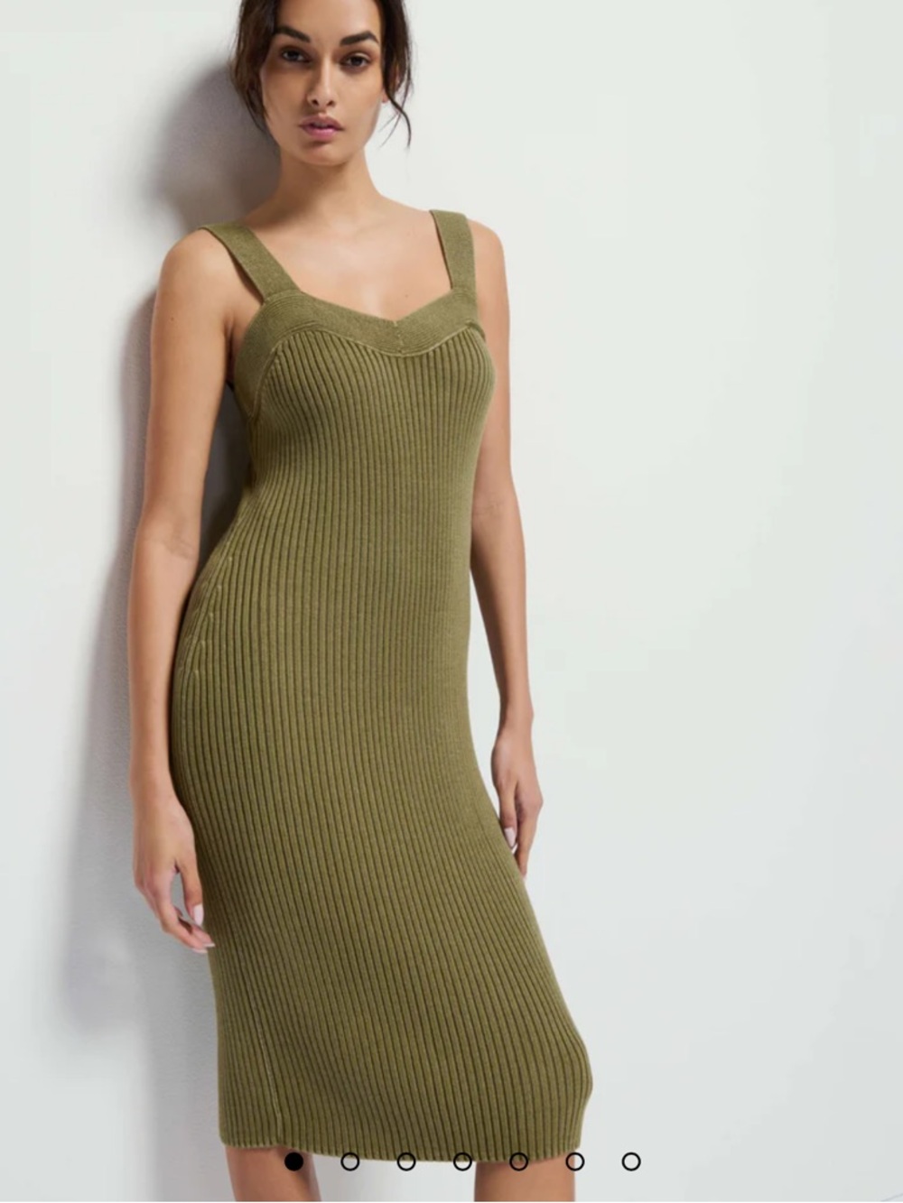 Ribbed Knit Midi Dress in Olive with Sweetheart Neckline